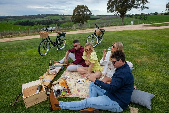 A picnic of cheese and wine on a vineyard lawn beside the bikes