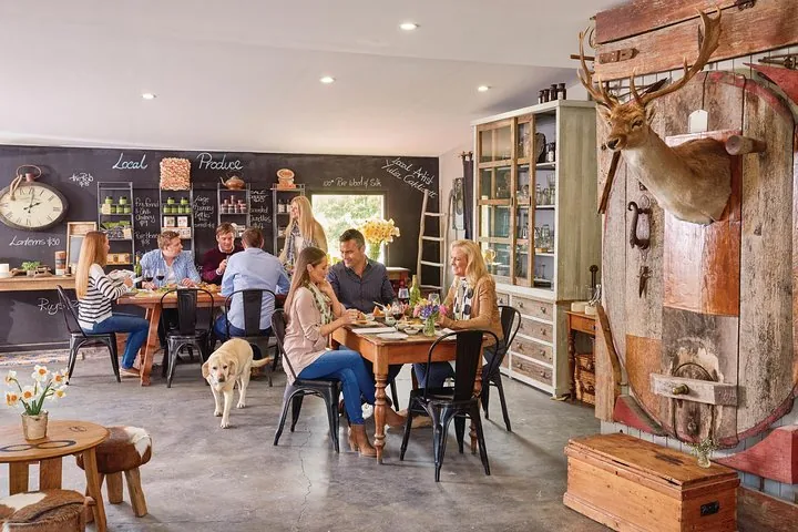 Guests at tables in a rustic cafe and produce store with a dog