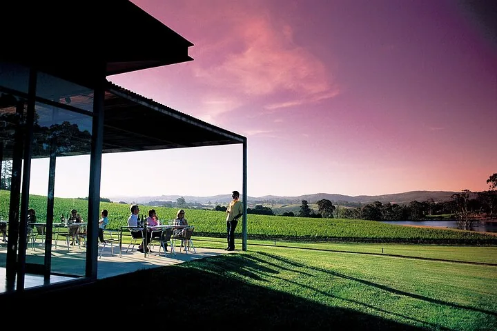 A winery terrace overlooking vines at sunset