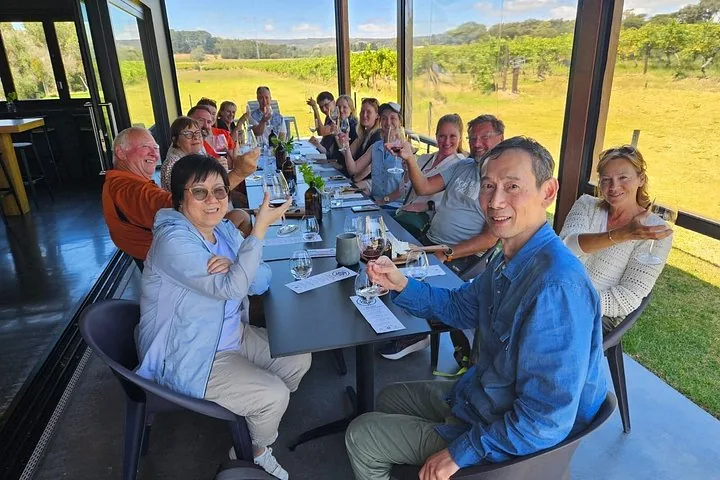 A tour group at a long tasting table with vineyard views